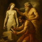 Hephaestus, at Zeus’ command, shapes the woman from earth (clay).